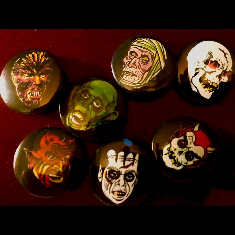 Lot of 7 Wacky Monsters Badge / Button /Pin Set RETRO Punk Rock
